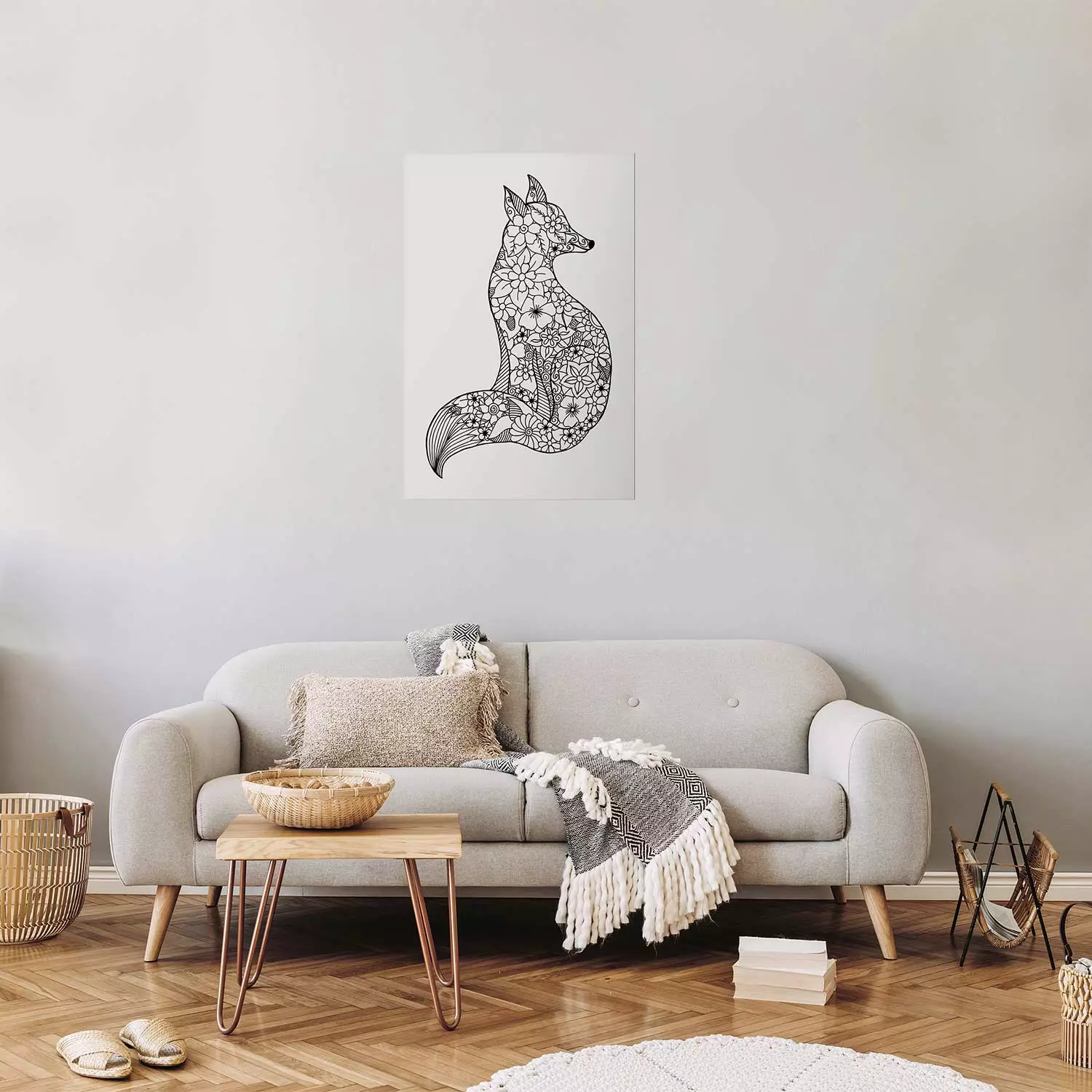 Wall Poster Fox in flowers - black and white animal composition in Scandinavian style