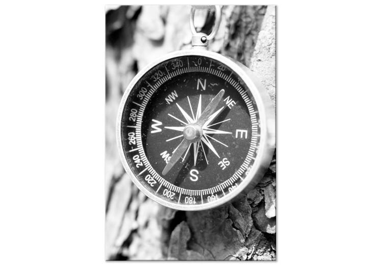 Canvas Direction of the Road (1-part) - Black and White Compass on Tree Background