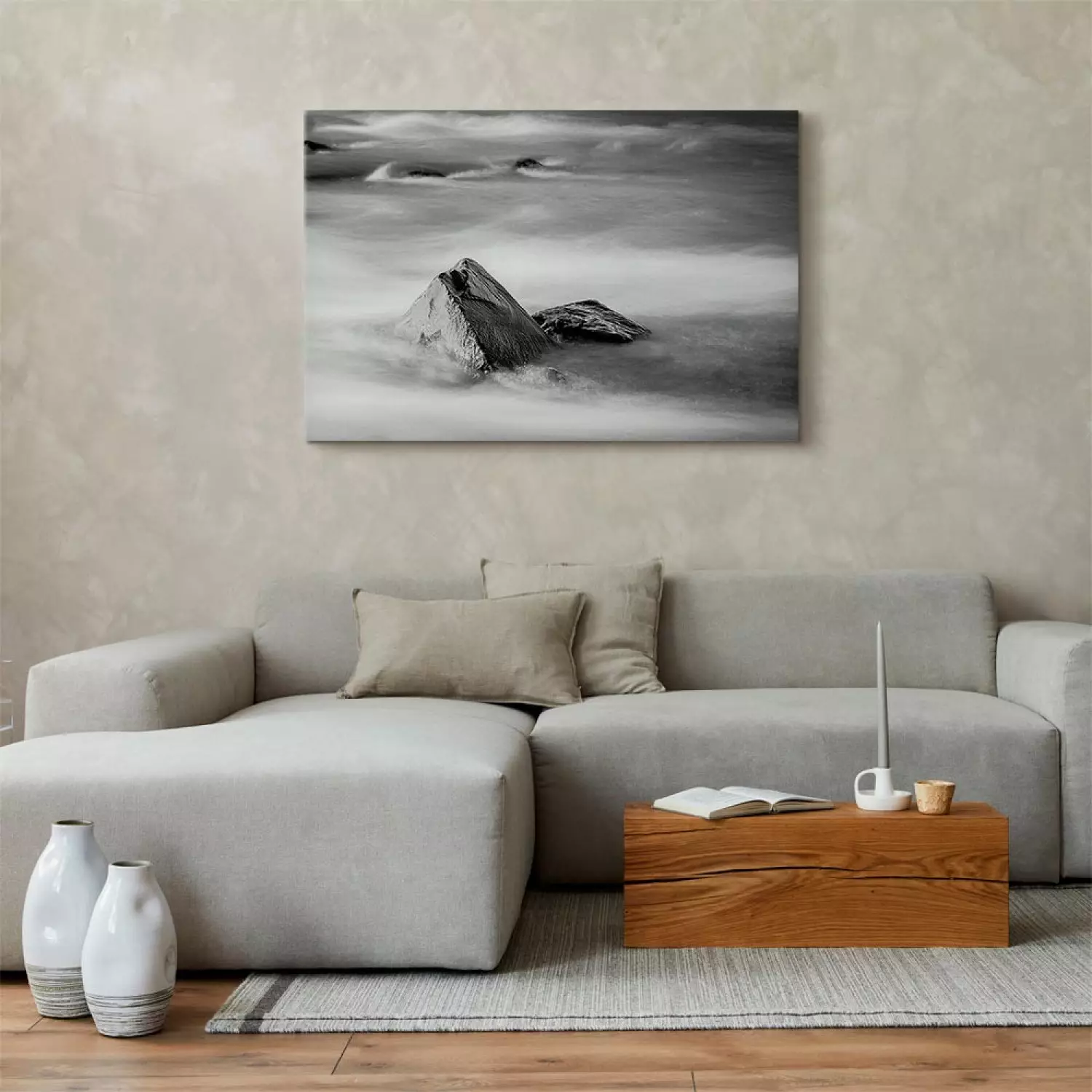Canvas Rocky Seashore - Black and White Coastal Landscape