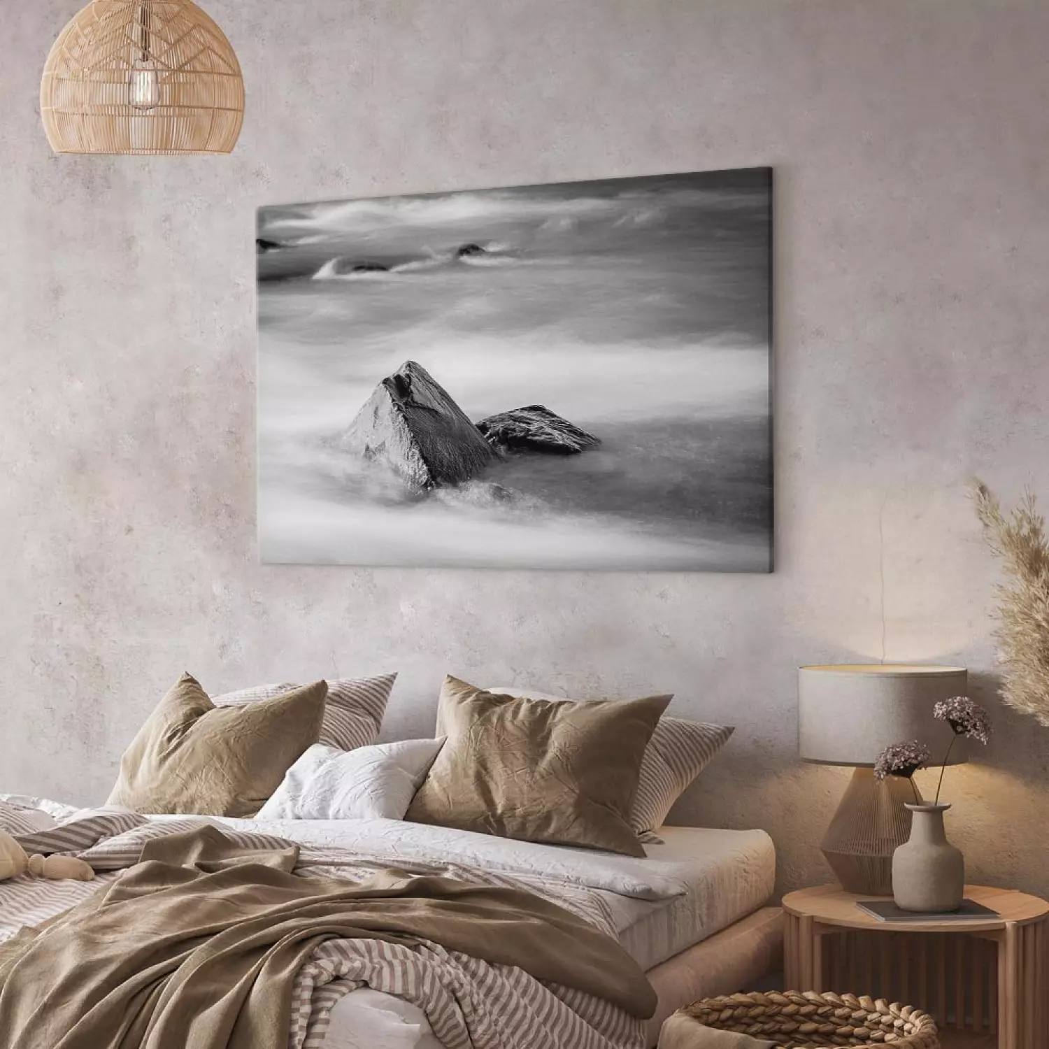 Canvas Rocky Seashore - Black and White Coastal Landscape