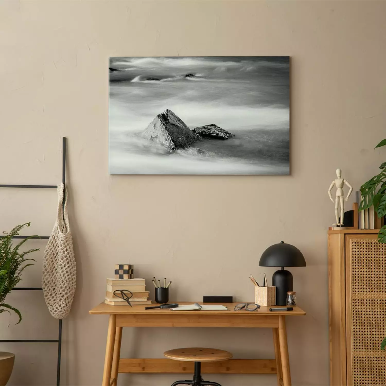 Canvas Rocky Seashore - Black and White Coastal Landscape