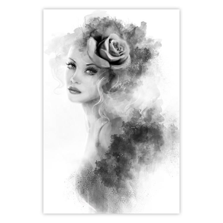 Poster Watercolor portrait - black and white figure of a woman with a rose in her hair