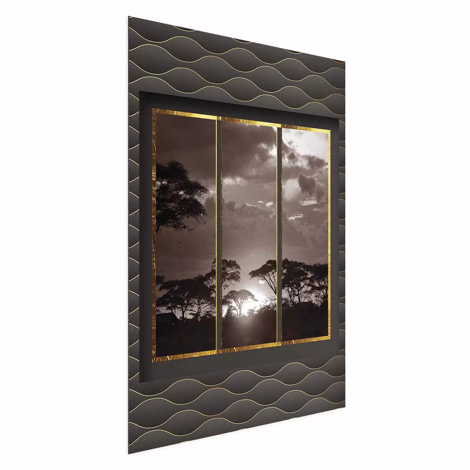 Wall Poster Clouds over the savannah - African evening landscape on patterned background