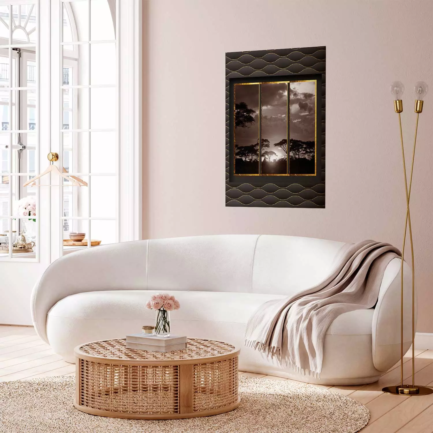 Wall Poster Clouds over the savannah - African evening landscape on patterned background