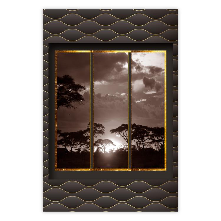 Poster Clouds over the savannah - African evening landscape on patterned background