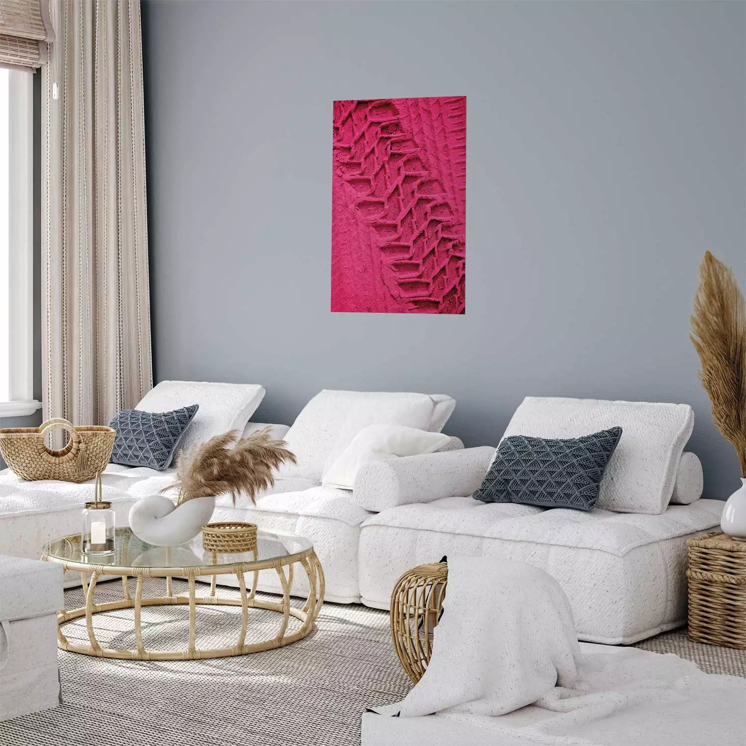 Poster Tire track - pink background with a car wheel imprint