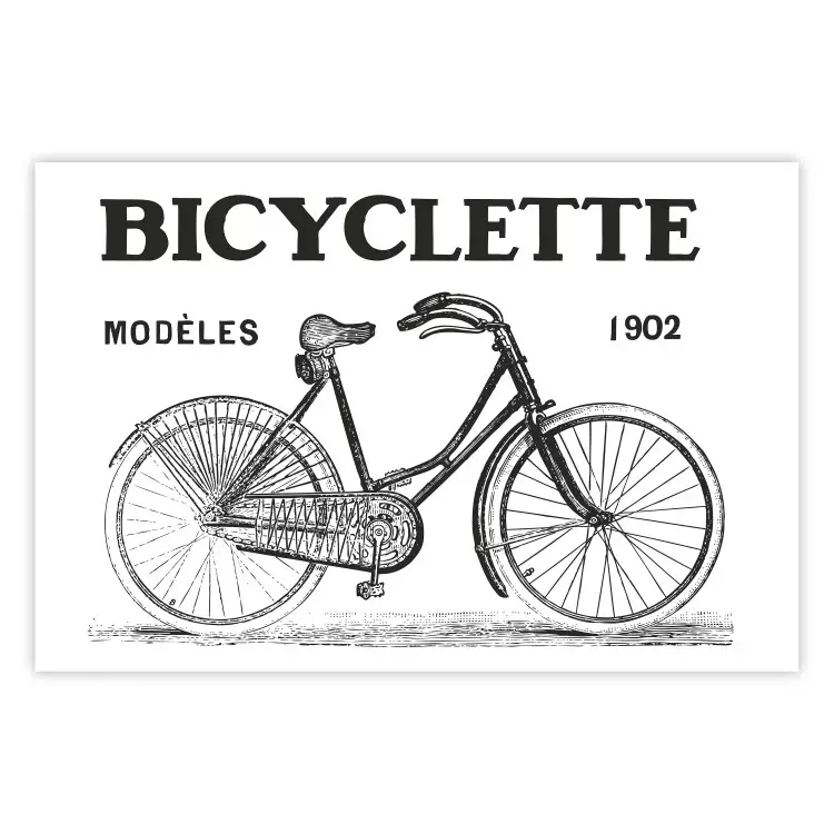 Poster Old bicycle - black and white composition with a date and English texts