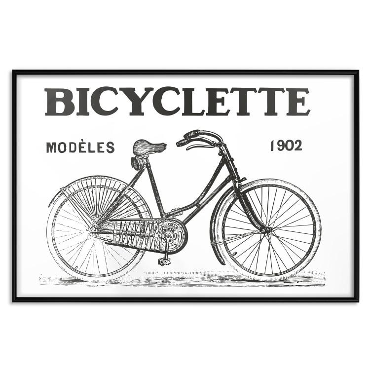 Poster Old bicycle - black and white composition with a date and English texts