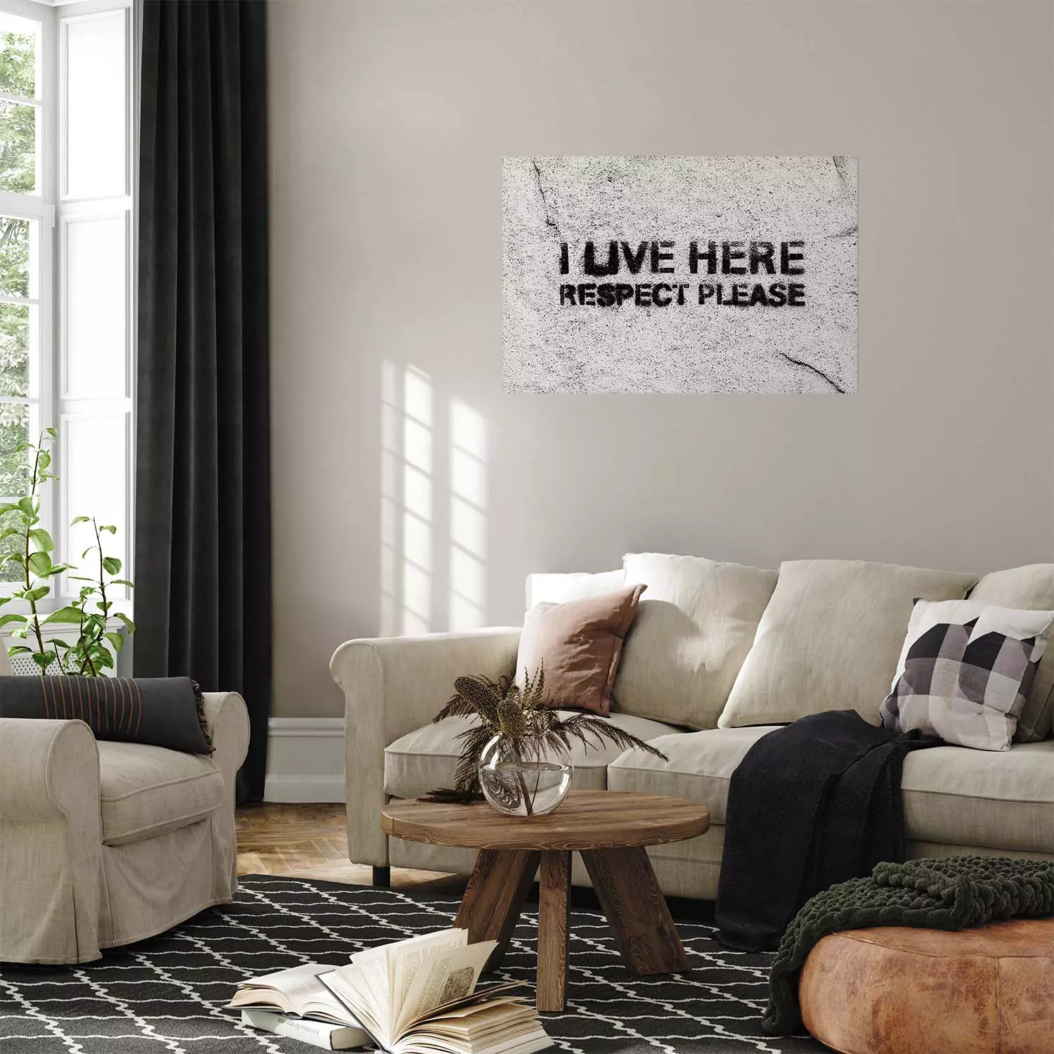 Wall Poster I live here respect please - black English texts on a grey background