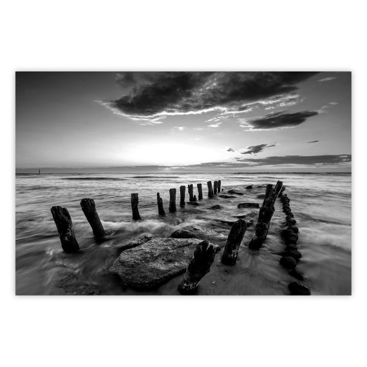Poster Song of the sea - black and white landscape of cloudy sky and pier against water