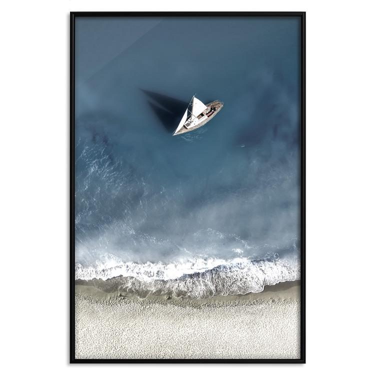 Poster Yacht at sea - landscape of a solitary boat by the sea shore from a bird's eye view