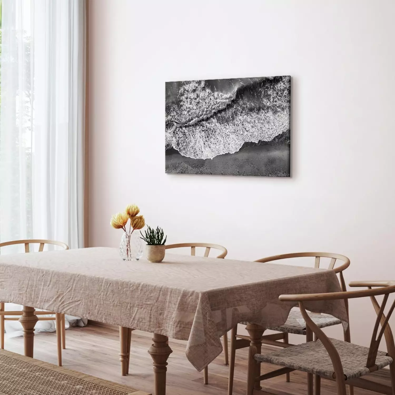 Canvas Print Ocean shore - black and white photograph of waves hitting the beach
