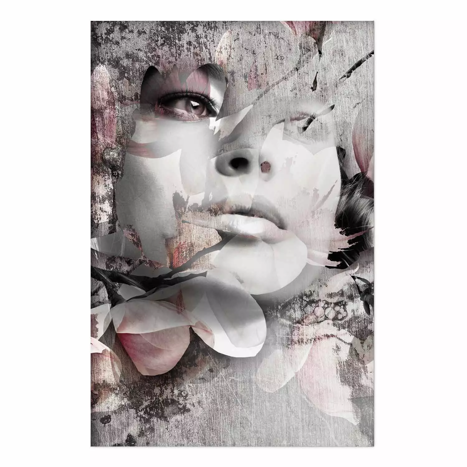 Wall Poster Thoughtful Woman - abstraction with a woman's face and pink flowers