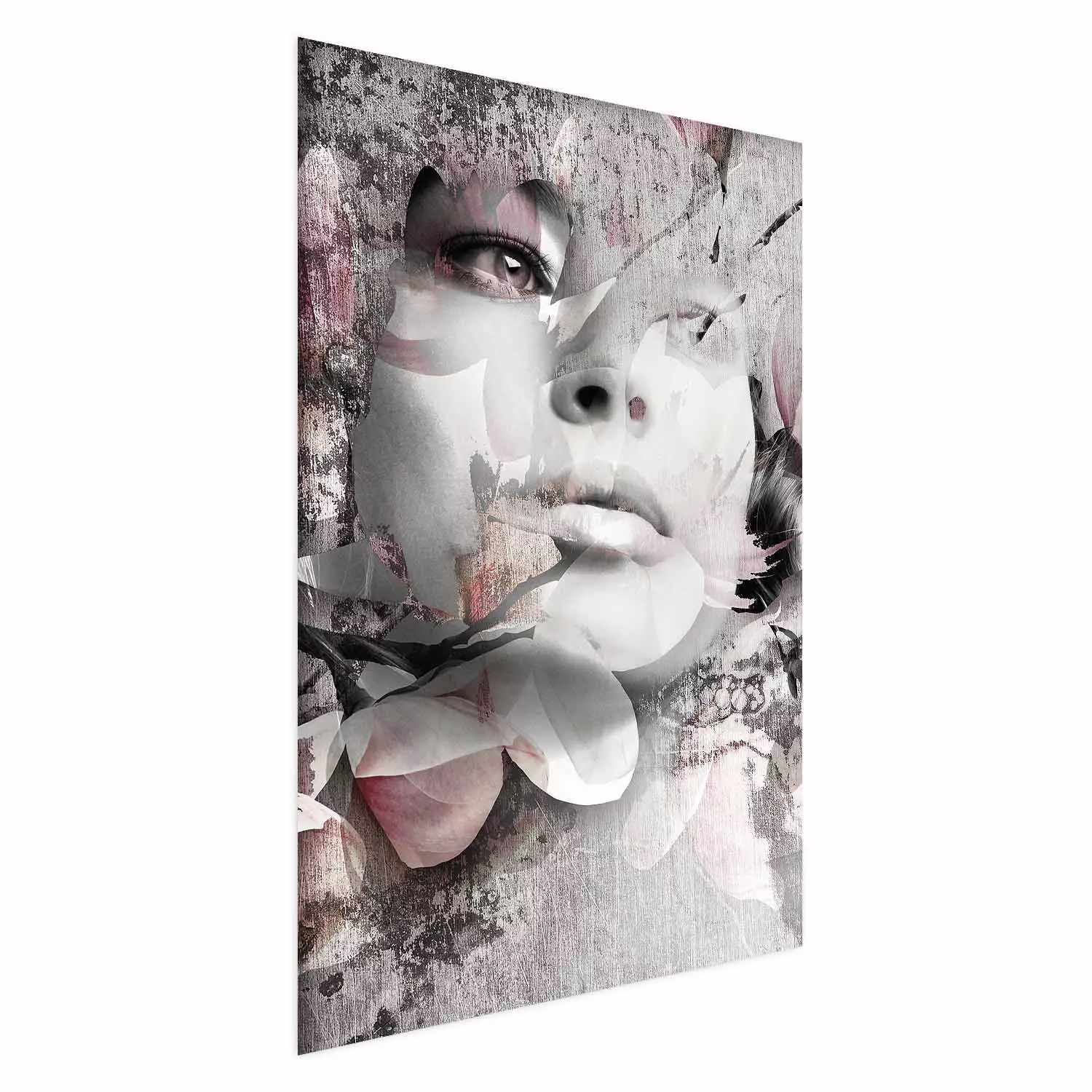 Wall Poster Thoughtful Woman - abstraction with a woman's face and pink flowers