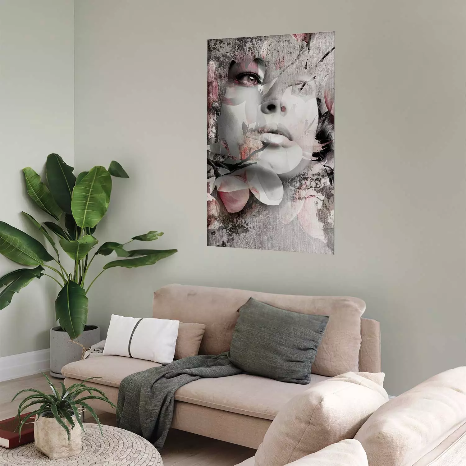 Wall Poster Thoughtful Woman - abstraction with a woman's face and pink flowers