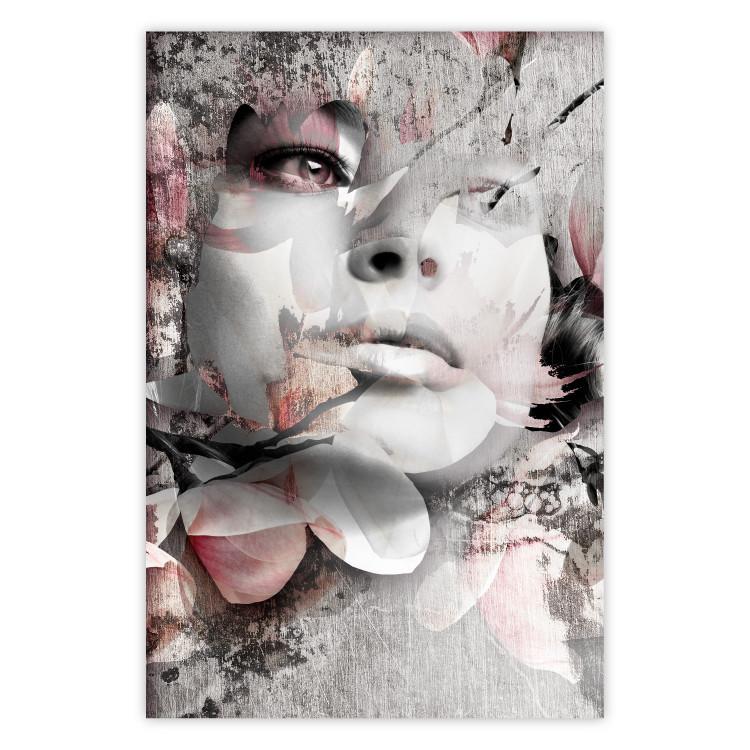 Poster Thoughtful Woman - abstraction with a woman's face and pink flowers