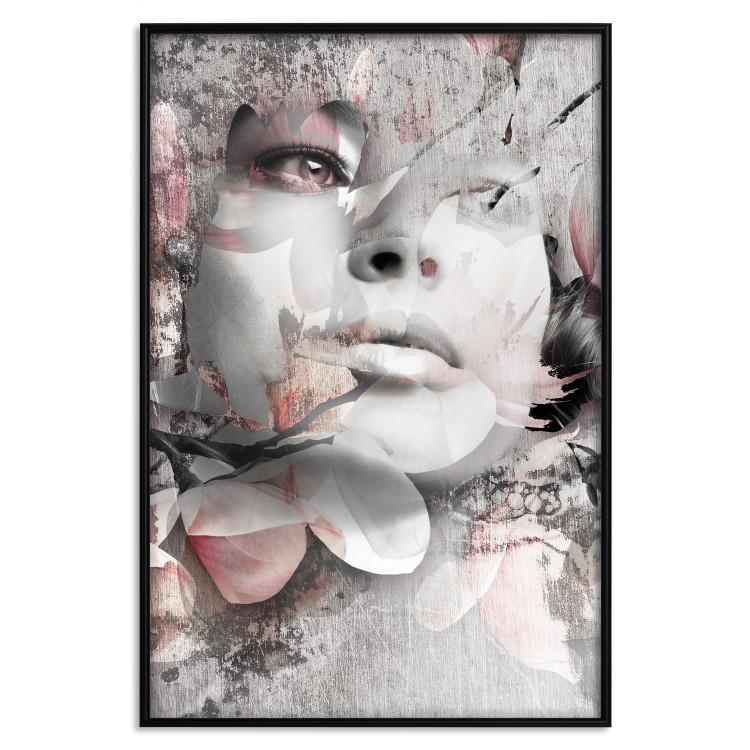 Poster Thoughtful Woman - abstraction with a woman's face and pink flowers