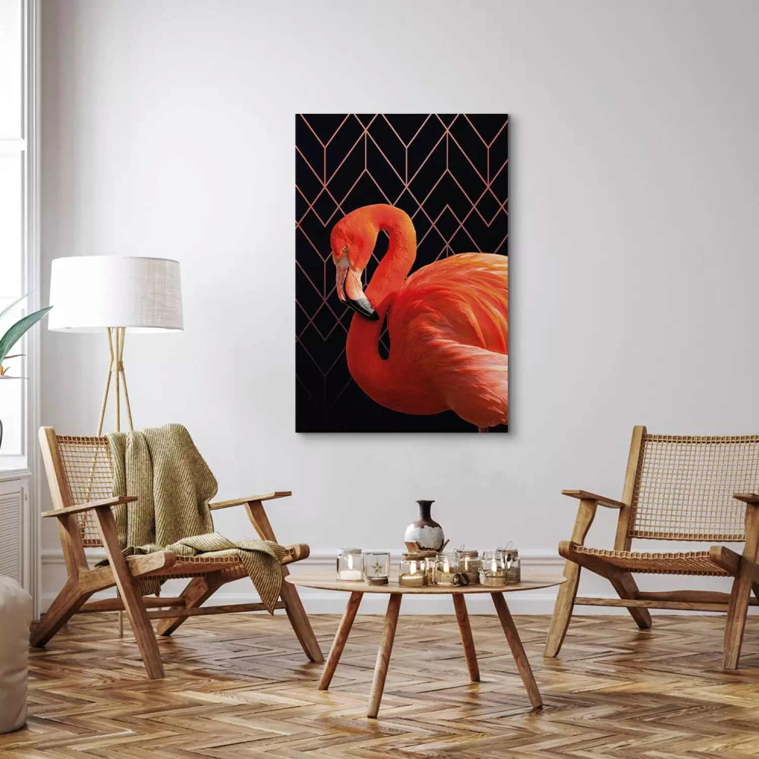 Canvas Expressive Bird - Flamingo Against Geometric Figures