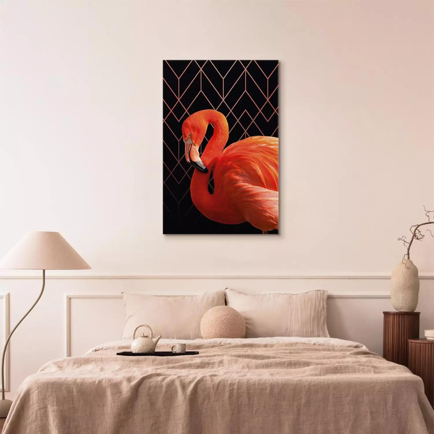 Canvas Expressive Bird - Flamingo Against Geometric Figures