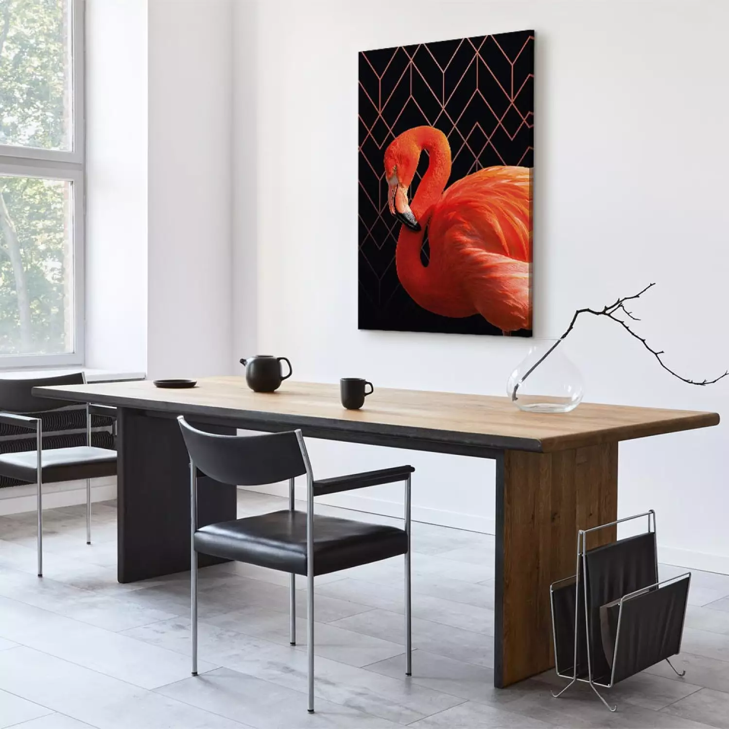 Canvas Expressive Bird - Flamingo Against Geometric Figures