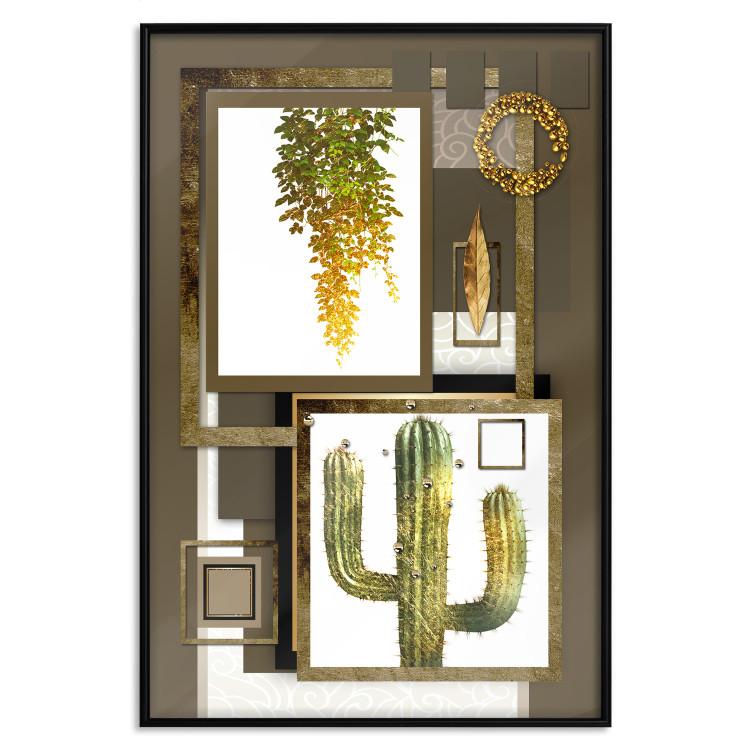 Poster Tropical Plants - cactus and leaves on a background of geometric abstraction