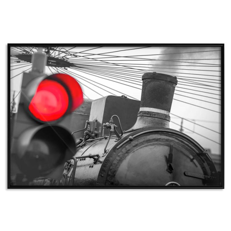 Poster Old Train - black and white shot with a red glowing light