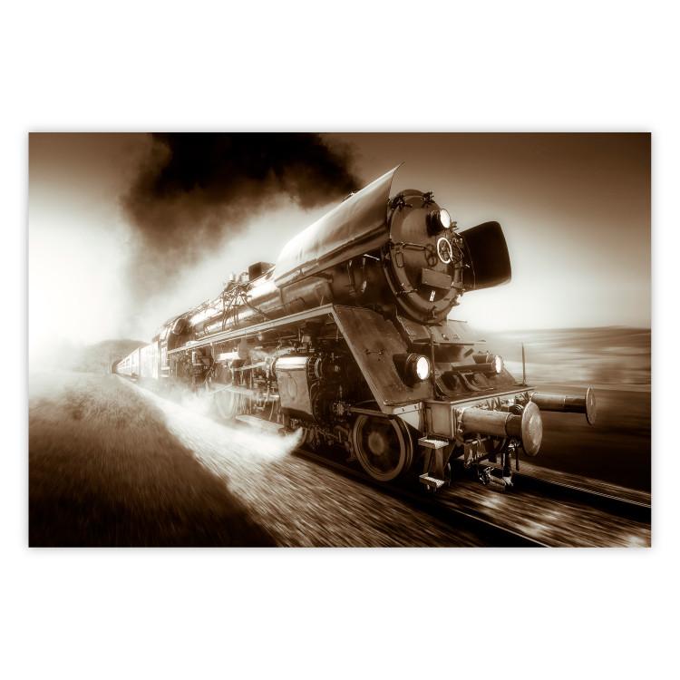 Poster Vintage Steam Engine - black smoke rising from the chimney of a moving train