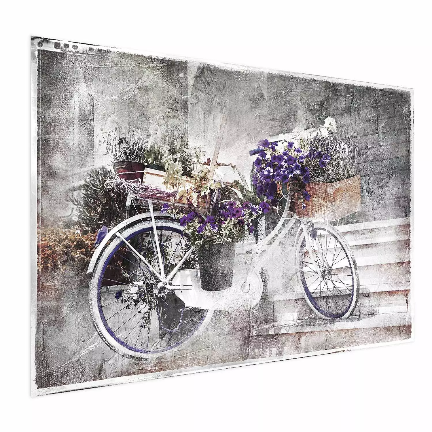 Poster Flowery Bicycle - colorful composition on a retro-style staircase background