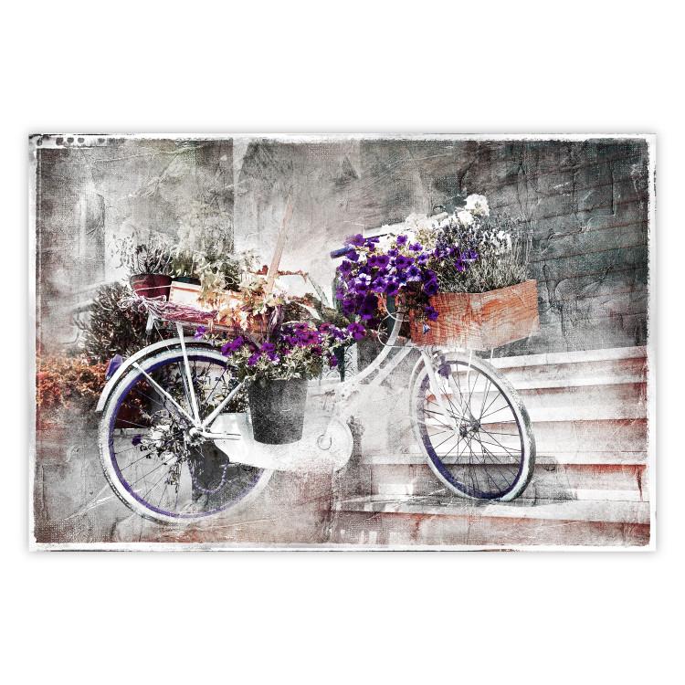 Poster Flowery Bicycle - colorful composition on a retro-style staircase background