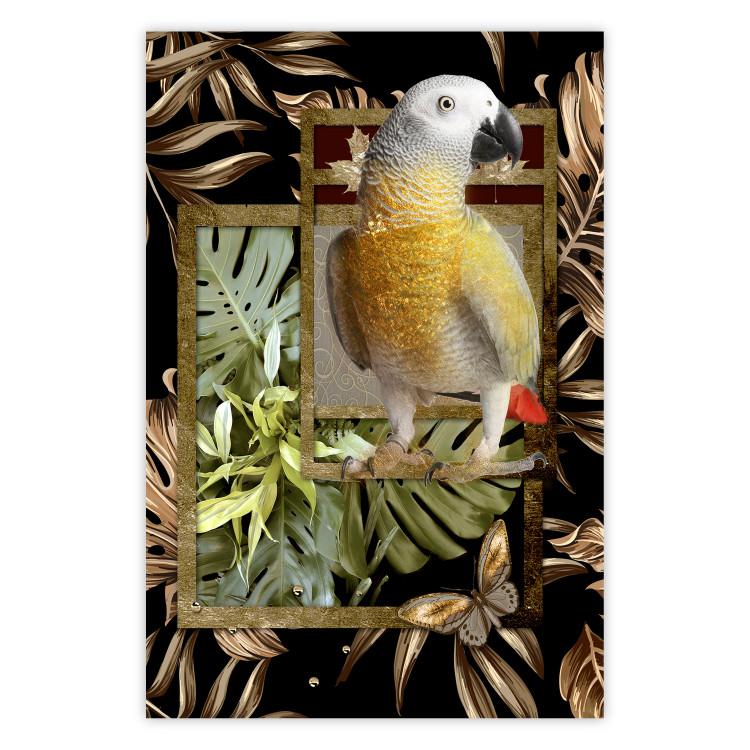 Poster Golden Parrot - butterfly and parrot on a branch against a background of tropical leaves