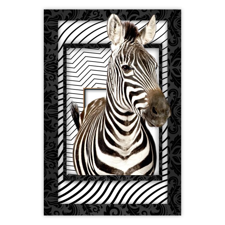 Poster Zebra - black and white composition with a striped mammal on a patterned background
