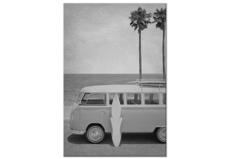 Canvas A trip to the beach - black and white composition with a retro car, surfboard and beach background