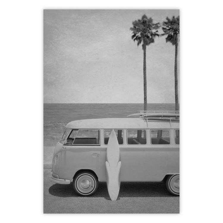 Poster Holiday Trip - black and white landscape with a car and beach in the background