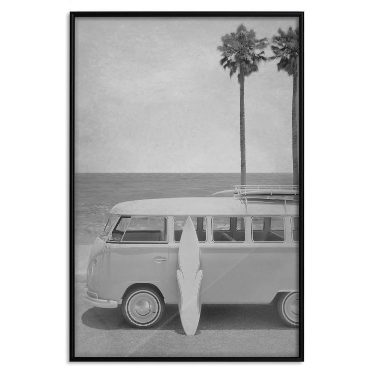 Poster Holiday Trip - black and white landscape with a car and beach in the background