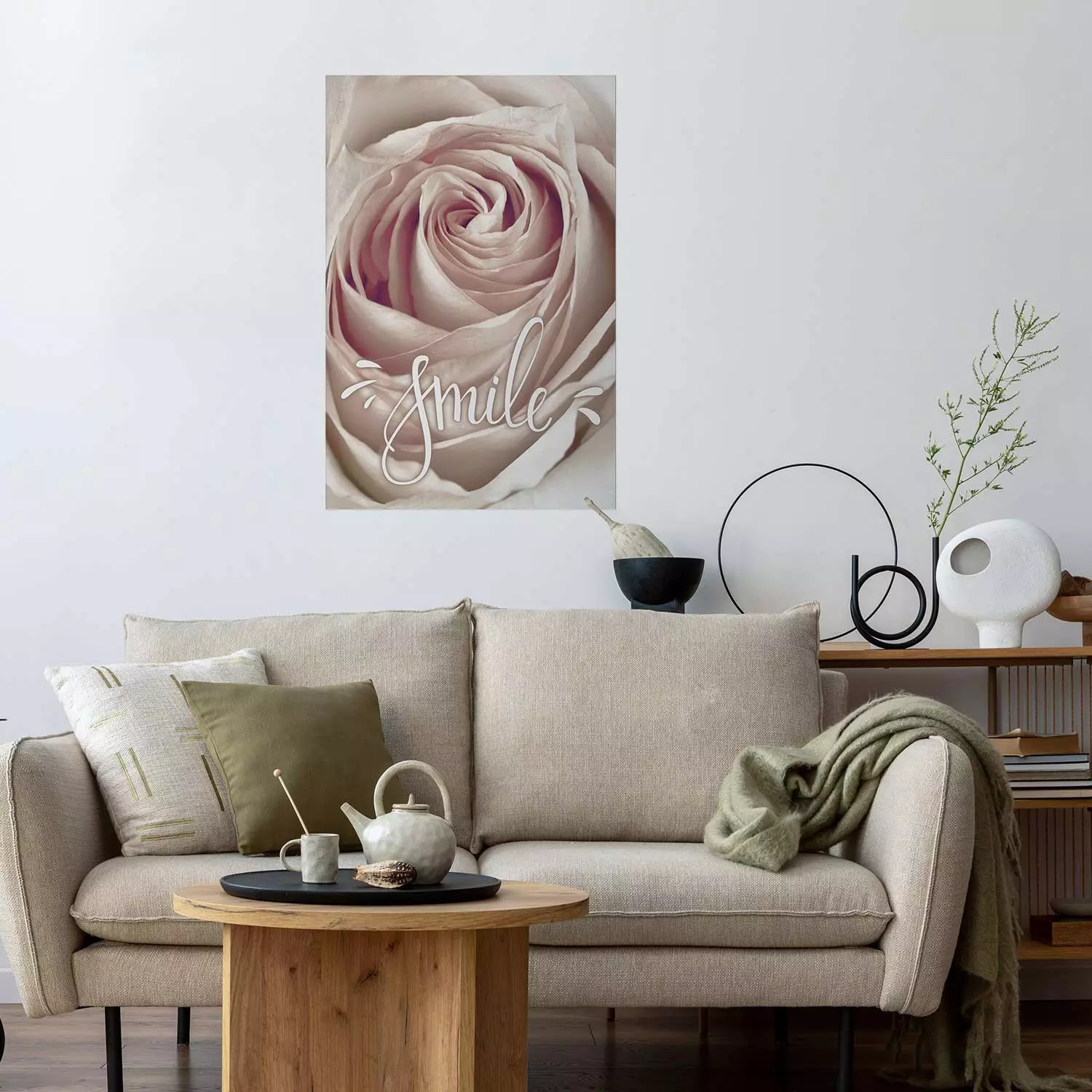 Wall Poster Smile! - light pink rose flower and white English text