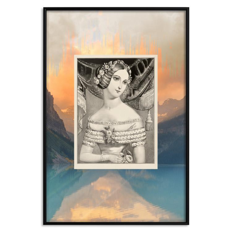 Poster Retro Portrait - black and white illustration of a woman against a mountain range backdrop