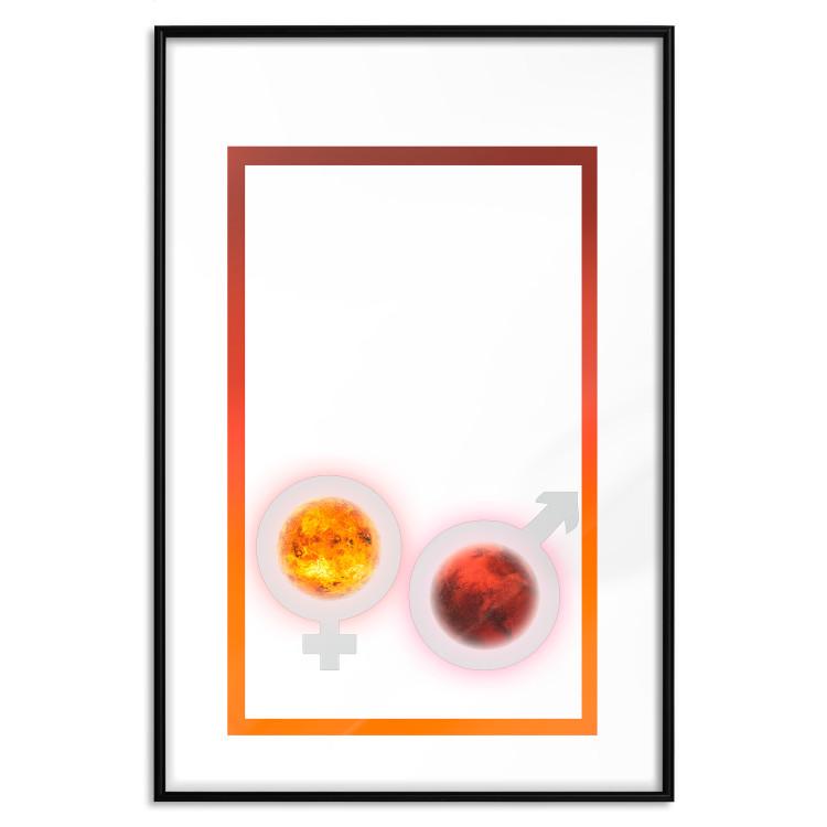 Poster Mars and Venus - abstraction with a pair of planets and gender symbols on a white background