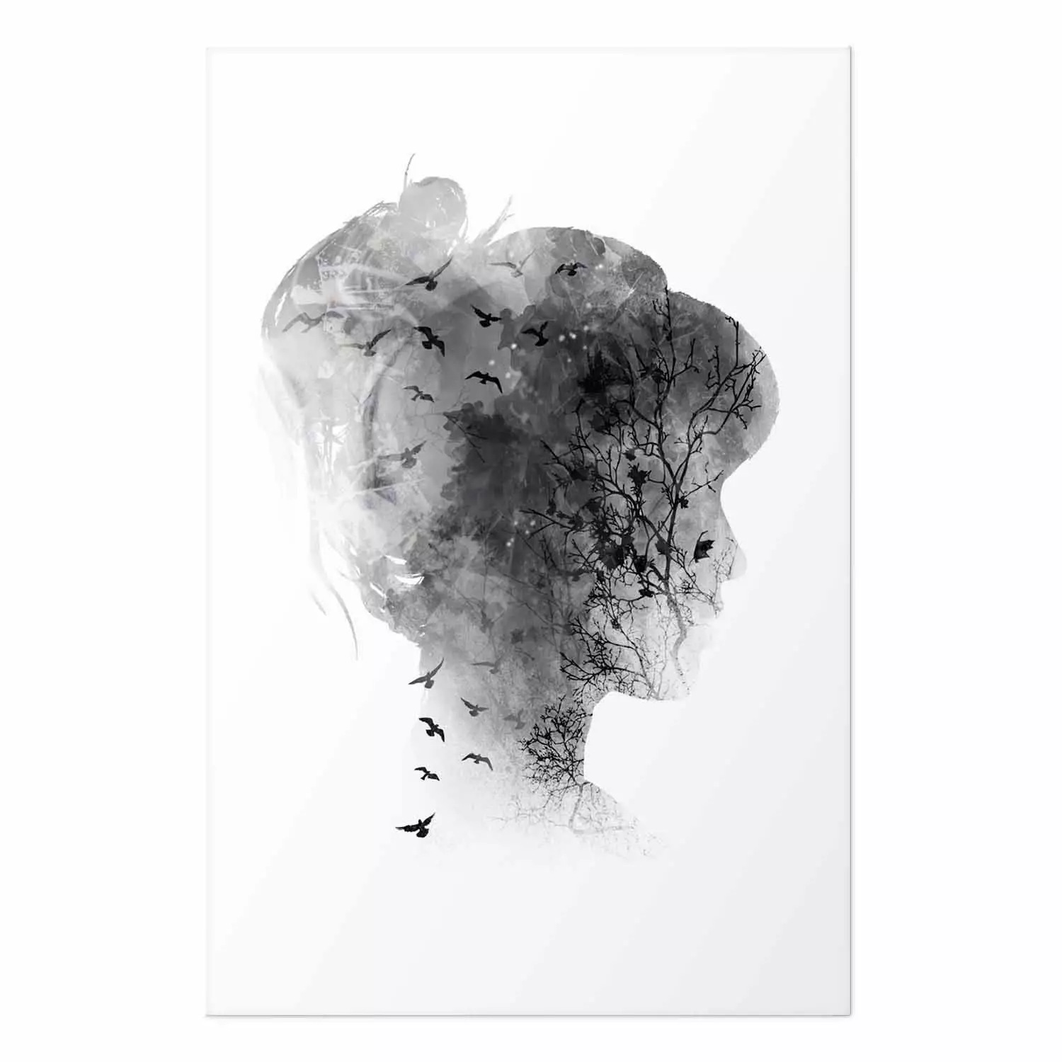 Wall Poster Open Mind - black and white abstraction with a woman's portrait and birds