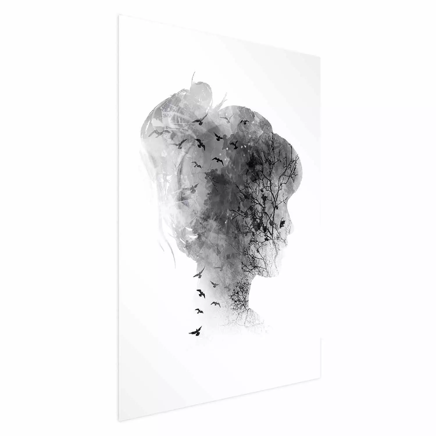 Wall Poster Open Mind - black and white abstraction with a woman's portrait and birds
