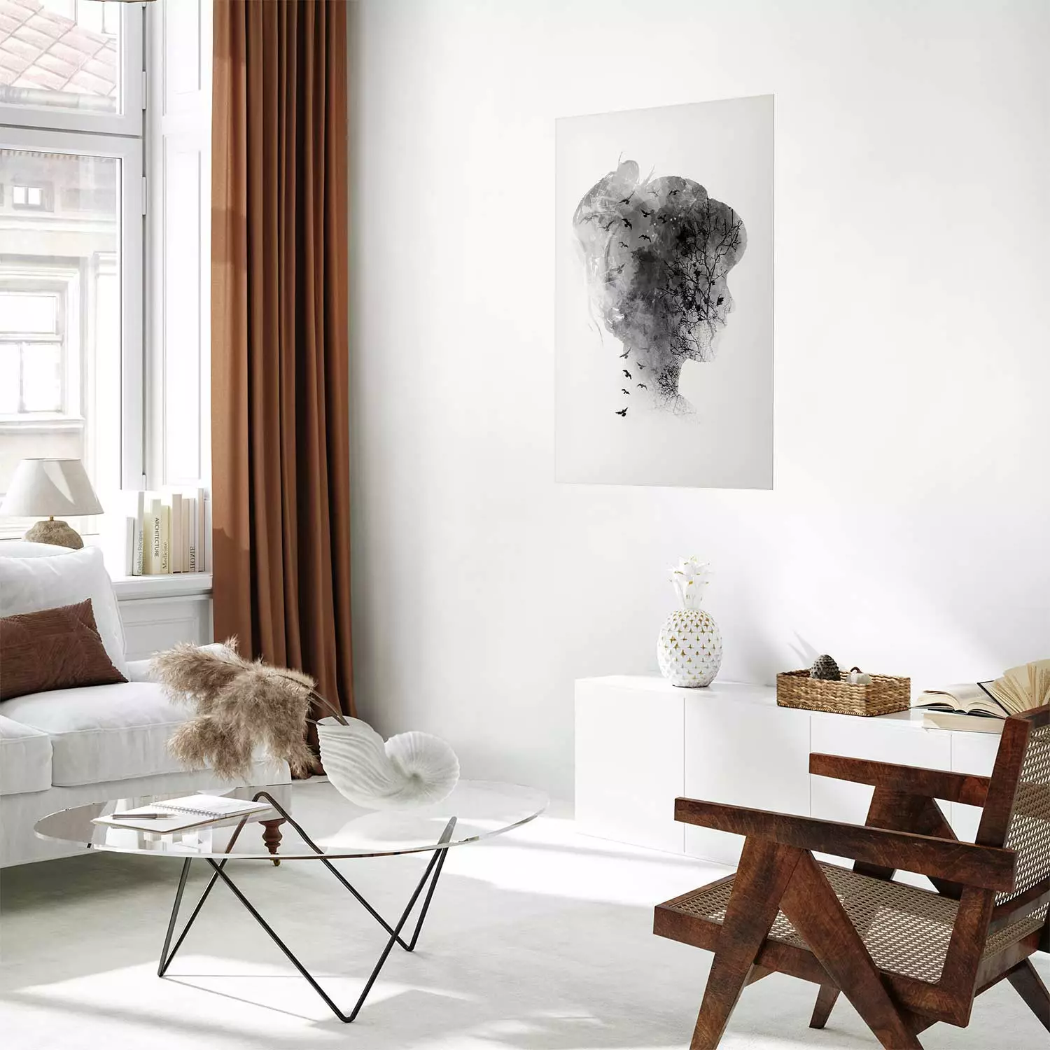 Wall Poster Open Mind - black and white abstraction with a woman's portrait and birds