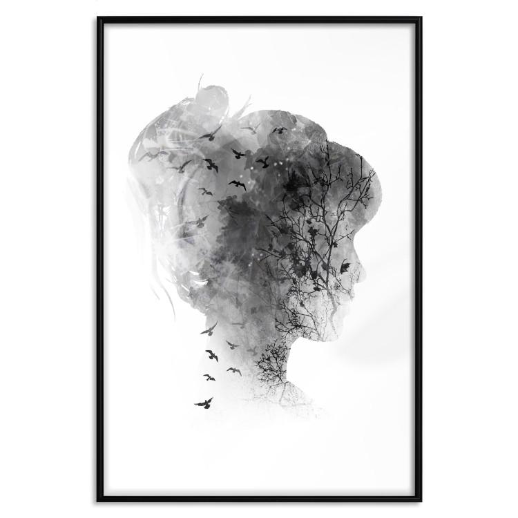 Poster Open Mind - black and white abstraction with a woman's portrait and birds
