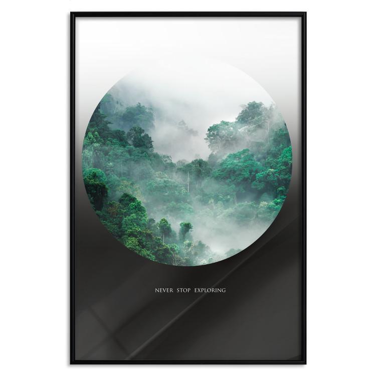 Poster Never stop exploring - landscape of forest trees amidst fog and white text
