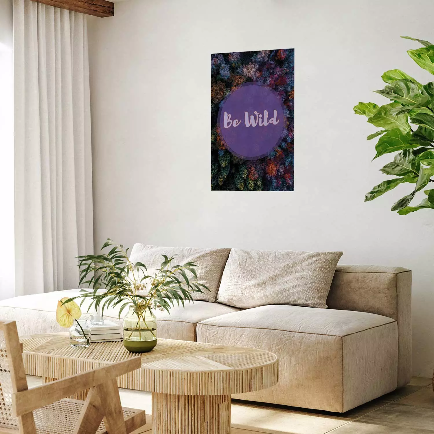 Poster Be wild - composition with English text on a background of colorful forest
