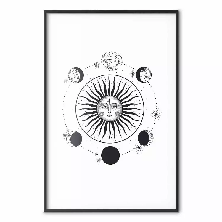 Moon Phases - black and white composition with the sun with a human face