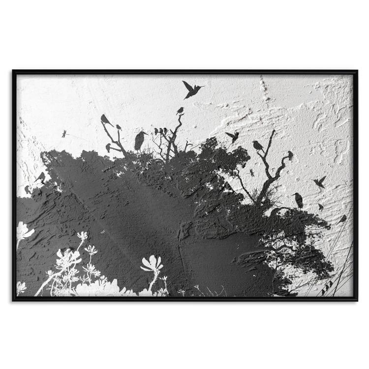 Poster Shadow of Nature - black and white landscape of tree and birds on a rough background