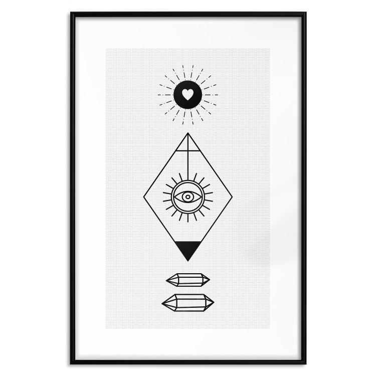 Poster Symbols - black and white composition with eye and heart on geometric background