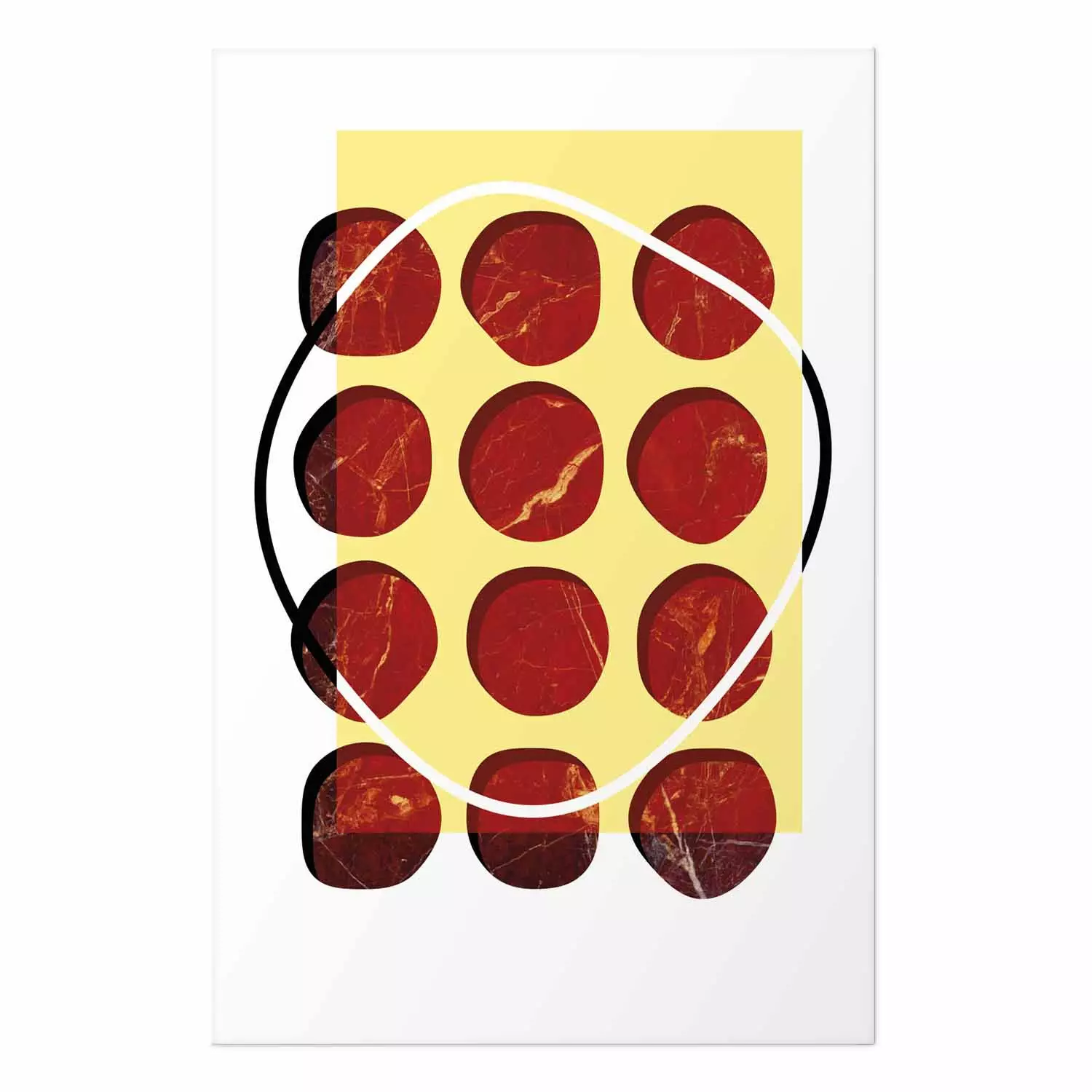 Wall Poster Twelve Steaks - unique abstraction in red circles on a yellow background