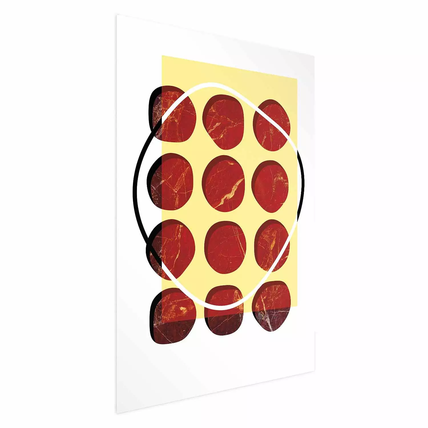 Wall Poster Twelve Steaks - unique abstraction in red circles on a yellow background