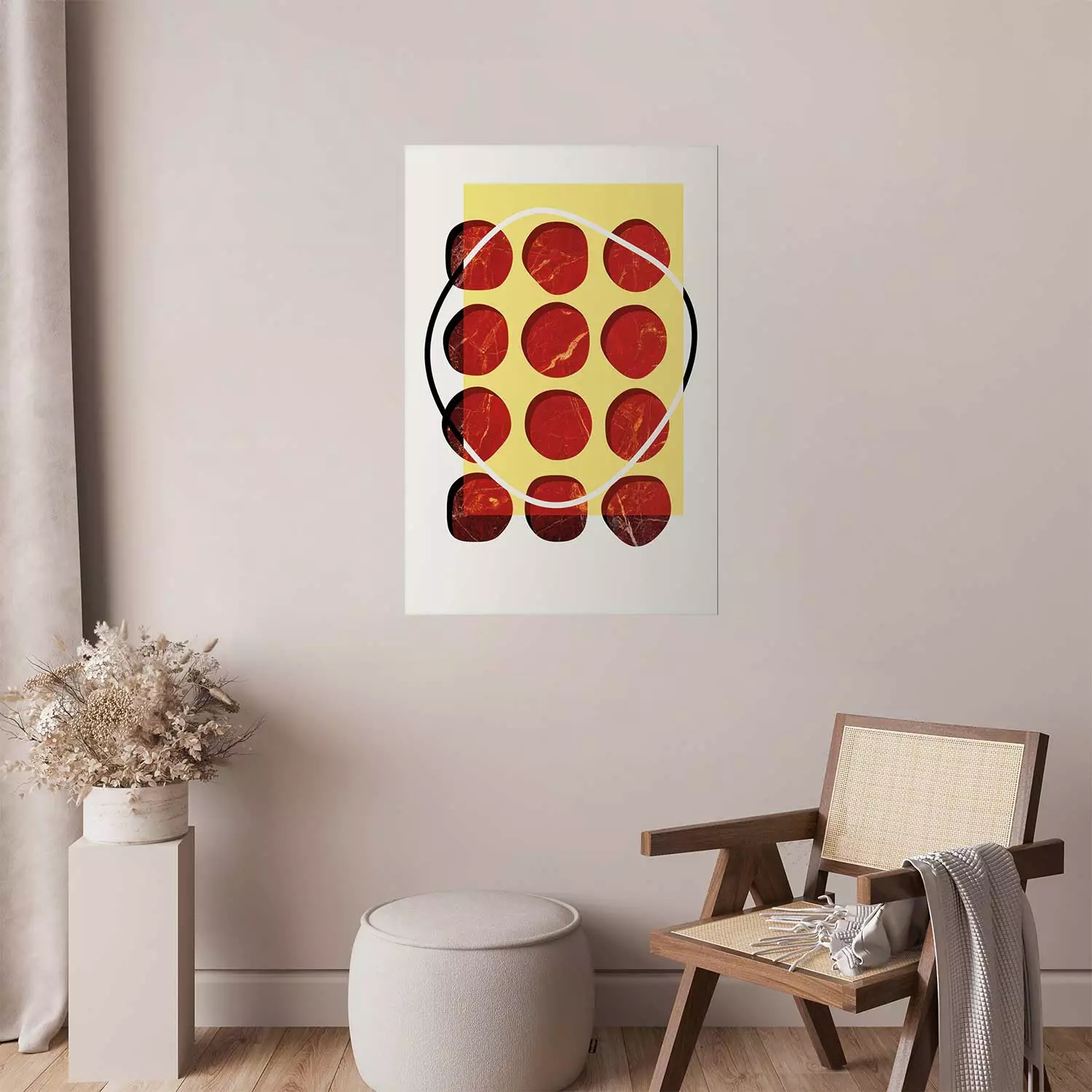 Wall Poster Twelve Steaks - unique abstraction in red circles on a yellow background