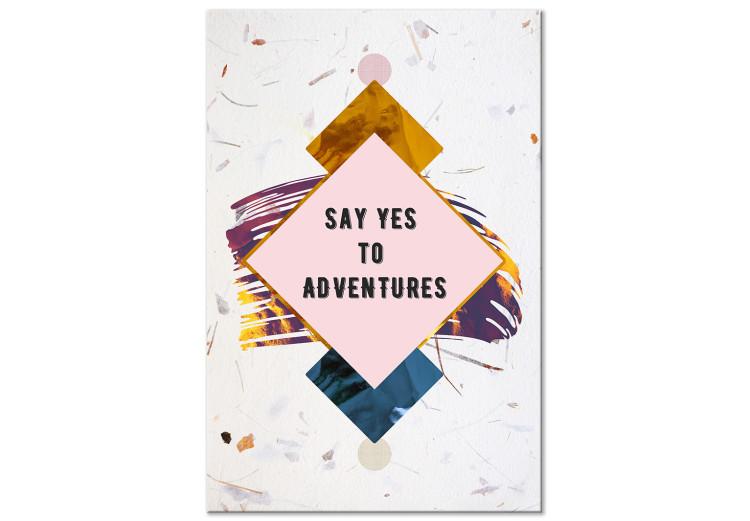 Canvas Say yes to an adventure - black motivational lettering in English on a pink square and a gray background
